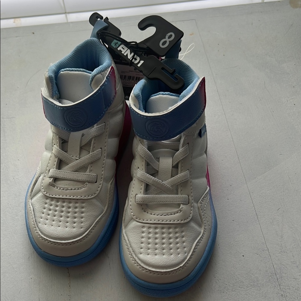 AND1 Prov2 Girls White and Blue High-Top Sneakers for Sports